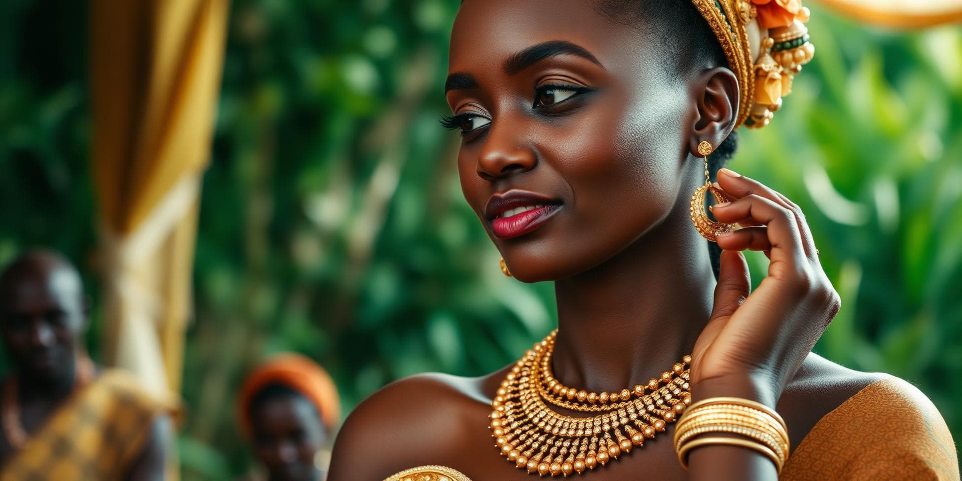 Model wearing handcrafted Rwandan gold jewelry
